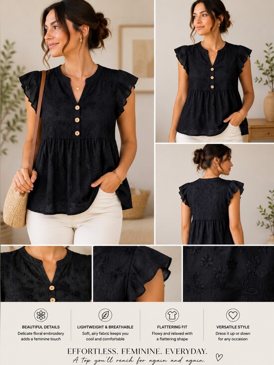 Tops - 💙 Black Floral Eyelet Peplum Top with Wood Buttons